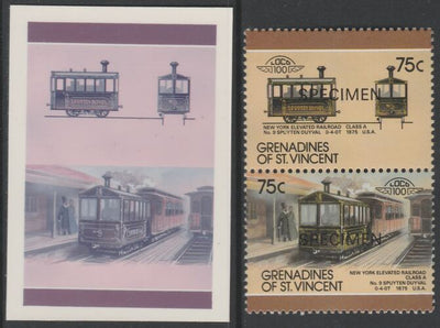 St Vincent - Grenadines 1987 Locomotives #8 (Leaders of the World) 75c New York Elevated Class A se-tenant imperf die proof in magenta & cyan only on Cromalin plastic card (ex archives) complete with issued SPECIMEN pair. (SG 528a……Details Below