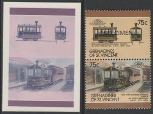 St Vincent - Grenadines 1987 Locomotives #8 (Leaders of the World) 75c New York Elevated Class A se-tenant imperf die proof in magenta & cyan only on Cromalin plastic card (ex archives) complete with issued SPECIMEN pair. (SG 528a……Details Below