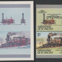 St Vincent - Grenadines 1987 Locomotives #8 (Leaders of the World) $1 Camden & Amboy No.1 se-tenant imperf die proof in magenta & cyan only on Cromalin plastic card (ex archives) complete with issued SPECIMEN pair. (SG 530a). Crom……Details Below