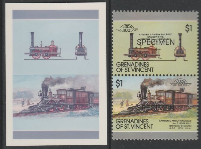 St Vincent - Grenadines 1987 Locomotives #8 (Leaders of the World) $1 Camden & Amboy No.1 se-tenant imperf die proof in magenta & cyan only on Cromalin plastic card (ex archives) complete with issued SPECIMEN pair. (SG 530a). Crom……Details Below