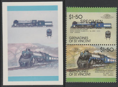 St Vincent - Grenadines 1987 Locomotives #8 (Leaders of the World) $1.50 Canadian Pacific Class H1d se-tenant imperf die proof in magenta & cyan only on Cromalin plastic card (ex archives) complete with issued SPECIMEN pair. (SG 5……Details Below