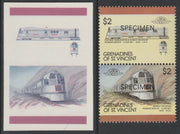 St Vincent - Grenadines 1987 Locomotives #8 (Leaders of the World) $2 Chicago Burlington & Quincy Pioneer Zephyr se-tenant imperf die proof in magenta & cyan only on Cromalin plastic card (ex archives) complete with issued SPECIME……Details Below