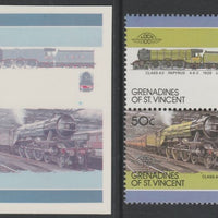 St Vincent - Grenadines 1987 Locomotives #7 (Leaders of the World) 50c LNER Class A3 se-tenant imperf die proof in magenta & cyan only on Cromalin plastic card (ex archives) complete with issued normal pair. (SG 508a). Cromalin pr……Details Below