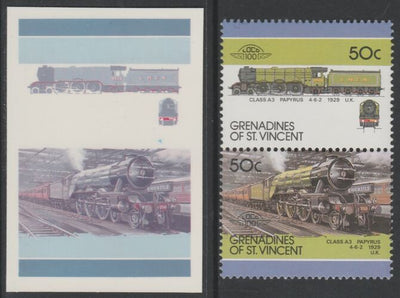 St Vincent - Grenadines 1987 Locomotives #7 (Leaders of the World) 50c LNER Class A3 se-tenant imperf die proof in magenta & cyan only on Cromalin plastic card (ex archives) complete with issued normal pair. (SG 508a). Cromalin pr……Details Below