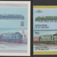 St Vincent - Grenadines 1987 Locomotives #7 (Leaders of the World) 75c UK Diesel Class 40 se-tenant imperf die proof in magenta & cyan only on Cromalin plastic card (ex archives) complete with issued normal pair. (SG 512a). Cromal……Details Below