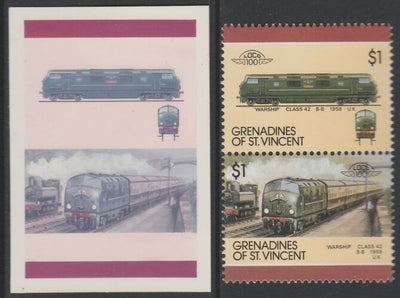 St Vincent - Grenadines 1987 Locomotives #7 (Leaders of the World) $1 UK Warship Class 42 se-tenant imperf die proof in magenta & cyan only on Cromalin plastic card (ex archives) complete with issued normal pair. (SG 514a). Cromal……Details Below