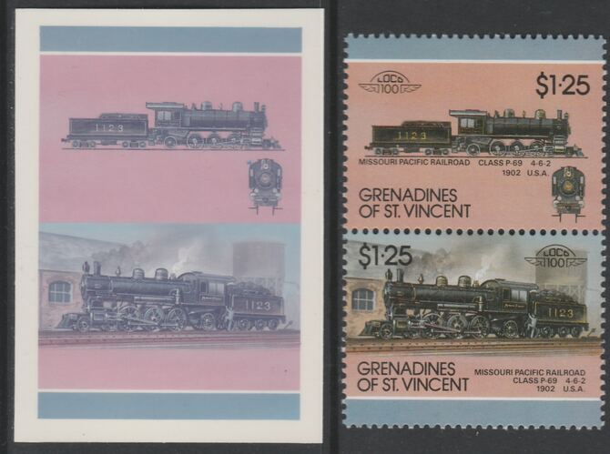 St Vincent - Grenadines 1987 Locomotives #7 (Leaders of the World) $1.25 Missouri Pacific Class P-69 se-tenant imperf die proof in magenta & cyan only on Cromalin plastic card (ex archives) complete with issued normal pair. (SG 51……Details Below