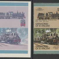 St Vincent - Grenadines 1987 Locomotives #7 (Leaders of the World) $1.50 West Side Lumber CoClass 60-3 se-tenant imperf die proof in magenta & cyan only on Cromalin plastic card (ex archives) complete with issued normal pair. (SG ……Details Below