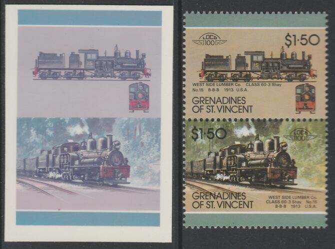 St Vincent - Grenadines 1987 Locomotives #7 (Leaders of the World) $1.50 West Side Lumber CoClass 60-3 se-tenant imperf die proof in magenta & cyan only on Cromalin plastic card (ex archives) complete with issued normal pair. (SG ……Details Below