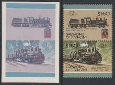 St Vincent - Grenadines 1987 Locomotives #7 (Leaders of the World) $1.50 West Side Lumber CoClass 60-3 se-tenant imperf die proof in magenta & cyan only on Cromalin plastic card (ex archives) complete with issued normal pair. (SG ……Details Below