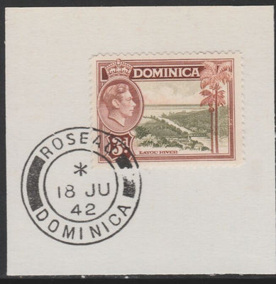 Dominica 1938-47 KG6 3d Layou River on piece with full strike of Madame Joseph forged postmark type 143