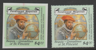 St Vincent - Bequia 1988 Explorers $4 Ferdinand Magellan die proof in all 4 colours on Cromalin plastic card (ex archives) complete with issued stamp. Cromalin proofs are an essential part of the printing proces, produced in very ……Details Below