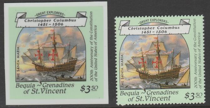 St Vincent - Bequia 1988 Explorers $3.50 Christopher Columbus' Santa Maria die proof in all 4 colours on Cromalin plastic card (ex archives) complete with issued stamp. Cromalin proofs are an essential part of the printing proces,……Details Below