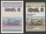 St Vincent - Grenadines 1986 Locomotives #6 (Leaders of the World) 15c KPEV Class T15 se-tenant imperf die proof in magenta & cyan only on Cromalin plastic card (ex archives) complete with issued normal pair. (SG 443a). Cromalin p……Details Below