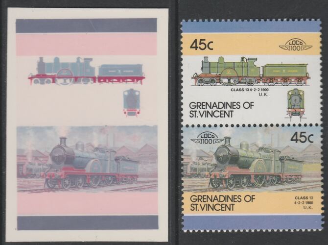 St Vincent - Grenadines 1986 Locomotives #6 (Leaders of the World) 45c 4-2-2 Class 13 se-tenant imperf die proof in magenta & cyan only on Cromalin plastic card (ex archives) complete with issued normal pair. (SG 445a). Cromalin p……Details Below