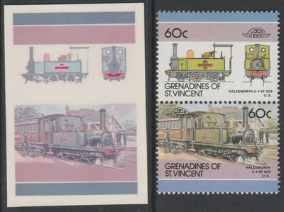 St Vincent - Grenadines 1986 Locomotives #6 (Leaders of the World) 60c Halesworth2-4-0T se-tenant imperf die proof in magenta & cyan only on Cromalin plastic card (ex archives) complete with issued normal pair. (SG 447a). Cromalin……Details Below