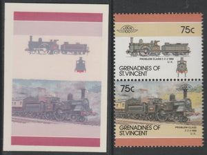 St Vincent - Grenadines 1986 Locomotives #6 (Leaders of the World) 75c Problem Class 2-2-2 se-tenant imperf die proof in magenta & cyan only on Cromalin plastic card (ex archives) complete with issued normal pair. (SG 449a). Croma……Details Below