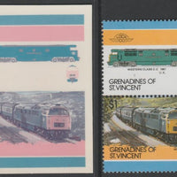 St Vincent - Grenadines 1986 Locomotives #6 (Leaders of the World) $1 Western Class se-tenant imperf die proof in magenta & cyan only on Cromalin plastic card (ex archives) complete with issued normal pair. (SG 451a). Cromalin pro……Details Below