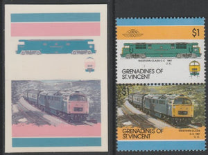 St Vincent - Grenadines 1986 Locomotives #6 (Leaders of the World) $1 Western Class se-tenant imperf die proof in magenta & cyan only on Cromalin plastic card (ex archives) complete with issued normal pair. (SG 451a). Cromalin pro……Details Below