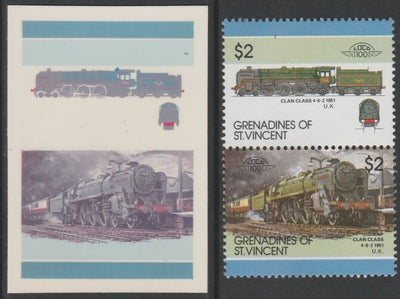 St Vincent - Grenadines 1986 Locomotives #6 (Leaders of the World) $2 Clan Class 4-6-2 se-tenant imperf die proof in magenta & cyan only on Cromalin plastic card (ex archives) complete with issued normal pair. (SG 455a). Cromalin ……Details Below