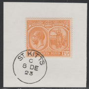 St Kitts-Nevis 1920-22 KG5 Columbus 1.5d orange SG 26 on piece with full strike of Madame Joseph forged postmark type 347