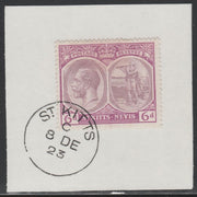 St Kitts-Nevis 1920-22 KG5 Columbus 6d purple & mauve SG 30/46 on piece with full strike of Madame Joseph forged postmark type 347