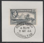 Gibraltar 1938-51 KG6 2d grey on piece with full strike of Madame Joseph forged postmark type 188