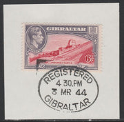 Gibraltar 1938-51 KG6 6d carmine & grey-violet on piece with full strike of Madame Joseph forged postmark type 188