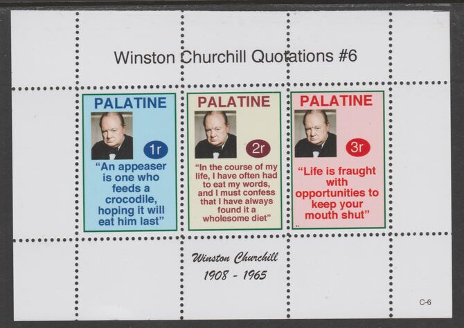 Palatine (Fantasy) Quotations by Winston Churchill #6 perf deluxe glossy sheetlet containing 3 values each with a famous quotation,unmounted mint