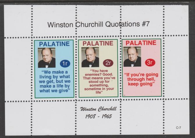 Palatine (Fantasy) Quotations by Winston Churchill #7 perf deluxe glossy sheetlet containing 3 values each with a famous quotation,unmounted mint