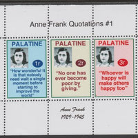 Palatine (Fantasy) Quotations by Anne Frank #1 perf deluxe glossy sheetlet containing 3 values each with a famous quotation,unmounted mint