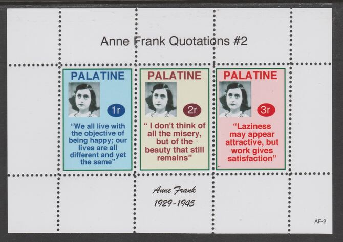 Palatine (Fantasy) Quotations by Anne Frank #2 perf deluxe glossy sheetlet containing 3 values each with a famous quotation,unmounted mint