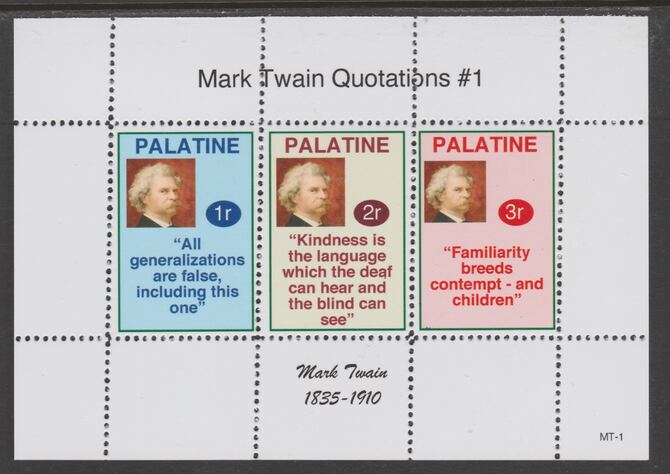 Palatine (Fantasy) Quotations by Mark Twain #1 perf deluxe glossy sheetlet containing 3 values each with a famous quotation,unmounted mint