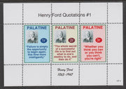 Palatine (Fantasy) Quotations by Henry Ford #1 perf deluxe glossy sheetlet containing 3 values each with a famous quotation,unmounted mint