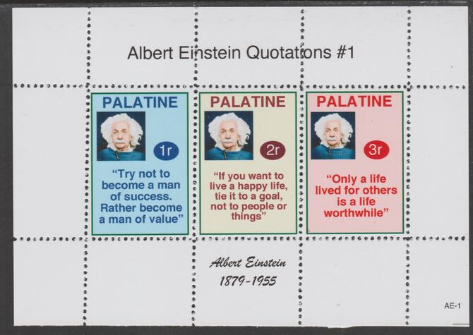 Palatine (Fantasy) Quotations by Albert Einstein #1 perf deluxe glossy sheetlet containing 3 values each with a famous quotation,unmounted mint