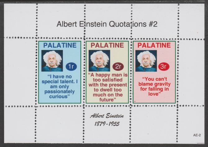 Palatine (Fantasy) Quotations by Albert Einstein #2 perf deluxe glossy sheetlet containing 3 values each with a famous quotation,unmounted mint