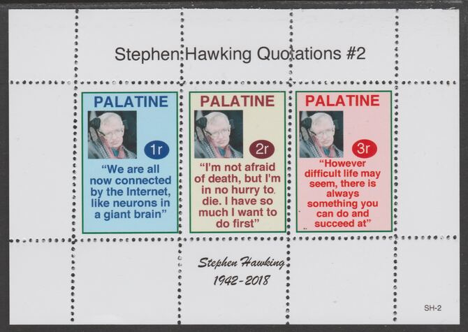 Palatine (Fantasy) Quotations by Stephen Hawking #2 perf deluxe glossy sheetlet containing 3 values each with a famous quotation,unmounted mint