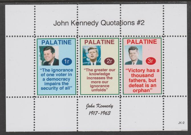 Palatine (Fantasy) Quotations by John Kennedy #2 perf deluxe glossy sheetlet containing 3 values each with a famous quotation,unmounted mint