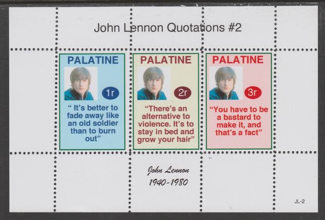 Palatine (Fantasy) Quotations by John Lennon #2 perf deluxe glossy sheetlet containing 3 values each with a famous quotation,unmounted mint