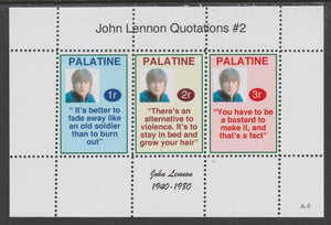 Palatine (Fantasy) Quotations by John Lennon #2 perf deluxe glossy sheetlet containing 3 values each with a famous quotation,unmounted mint