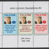 Palatine (Fantasy) Quotations by John Lennon #3 perf deluxe glossy sheetlet containing 3 values each with a famous quotation,unmounted mint