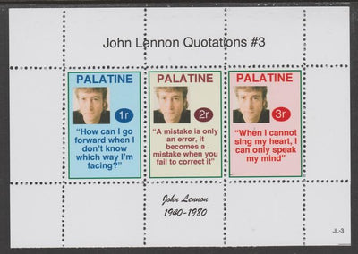 Palatine (Fantasy) Quotations by John Lennon #3 perf deluxe glossy sheetlet containing 3 values each with a famous quotation,unmounted mint