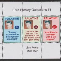 Palatine (Fantasy) Quotations by Elvis Presley #1 perf deluxe glossy sheetlet containing 3 values each with a famous quotation,unmounted mint