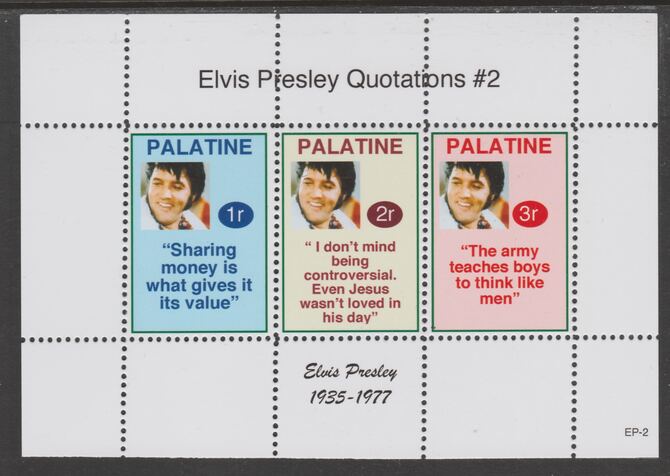 Palatine (Fantasy) Quotations by Elvis Presley #2 perf deluxe glossy sheetlet containing 3 values each with a famous quotation,unmounted mint