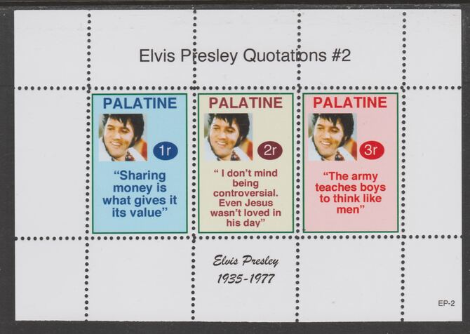 Palatine (Fantasy) Quotations by Elvis Presley #2 perf deluxe glossy sheetlet containing 3 values each with a famous quotation,unmounted mint