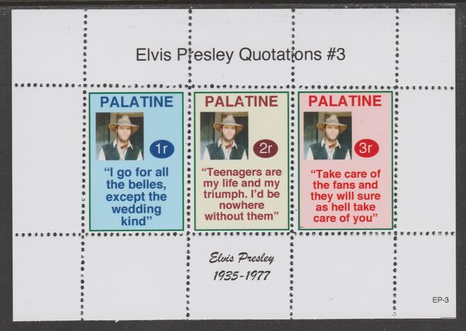 Palatine (Fantasy) Quotations by Elvis Presley #3 perf deluxe glossy sheetlet containing 3 values each with a famous quotation,unmounted mint