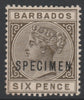 Barbados 1882 QV 6d overprinted SPECIMEN, beautifully fresh with gum and only about 345 produced, SG 100s