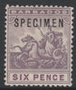 Barbados 1907 Britannia 6d overprinted SPECIMEN, fine with gum and only about 300 produced, SG 168s