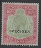 Bermuda 1924 KG5 Script CA 10s overprinted SPECIMEN, (type D16) without gum and faded but only about 400 produced, SG 92s Note the Broken M variety similar to the famous variety that occurs on thhe D12 overprint
