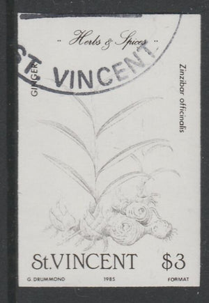 St Vincent 1985 Herbs & Spices $3 Gingeri mperf proof in black only, fine used with part St Vincent cancellation, produced for a promotion. Ex Format archives (as SG 871)